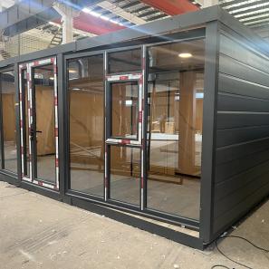 20FT Gray metal carved panel glass curtain wall container house